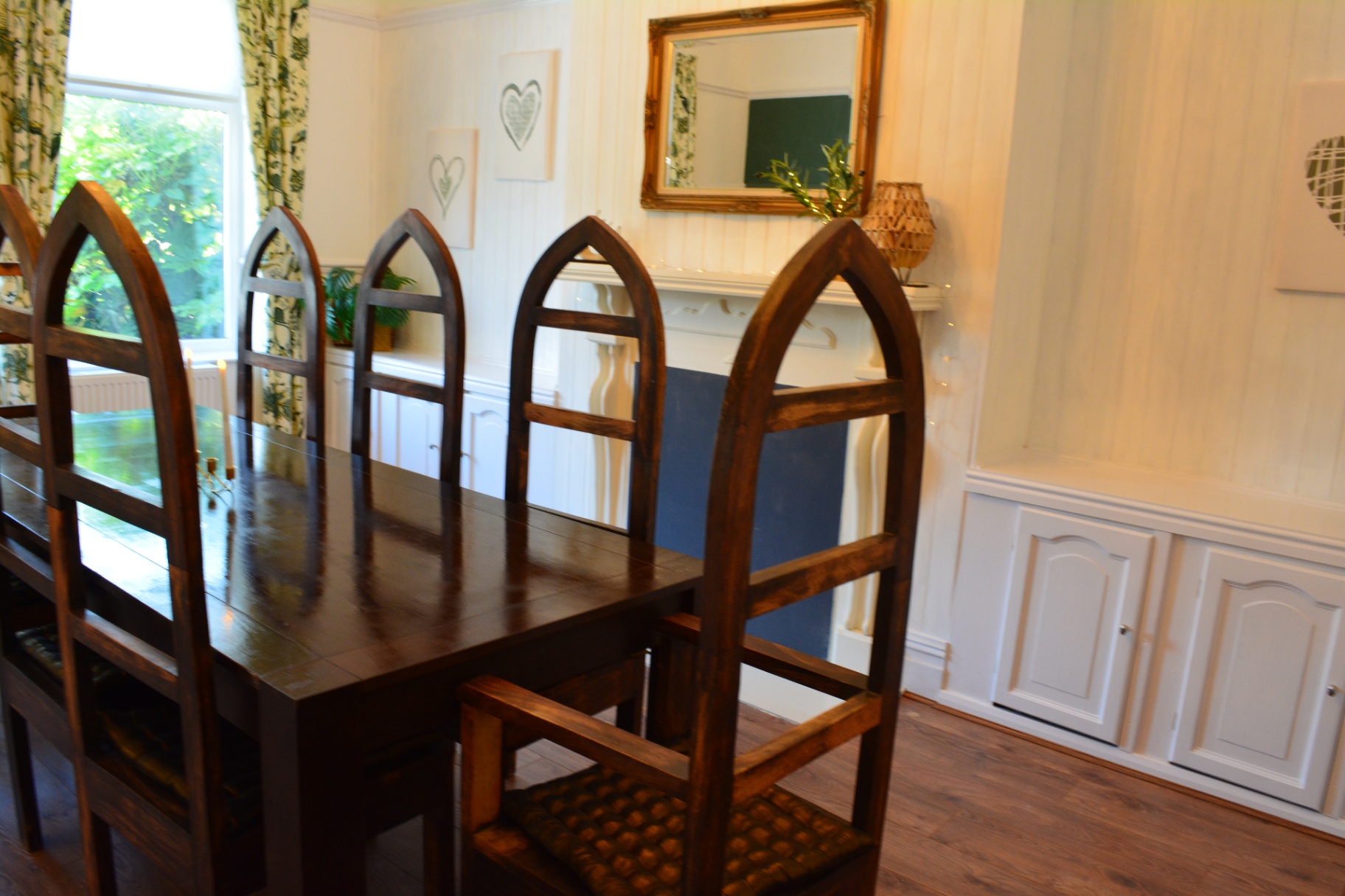 Family dining room with solid wood table